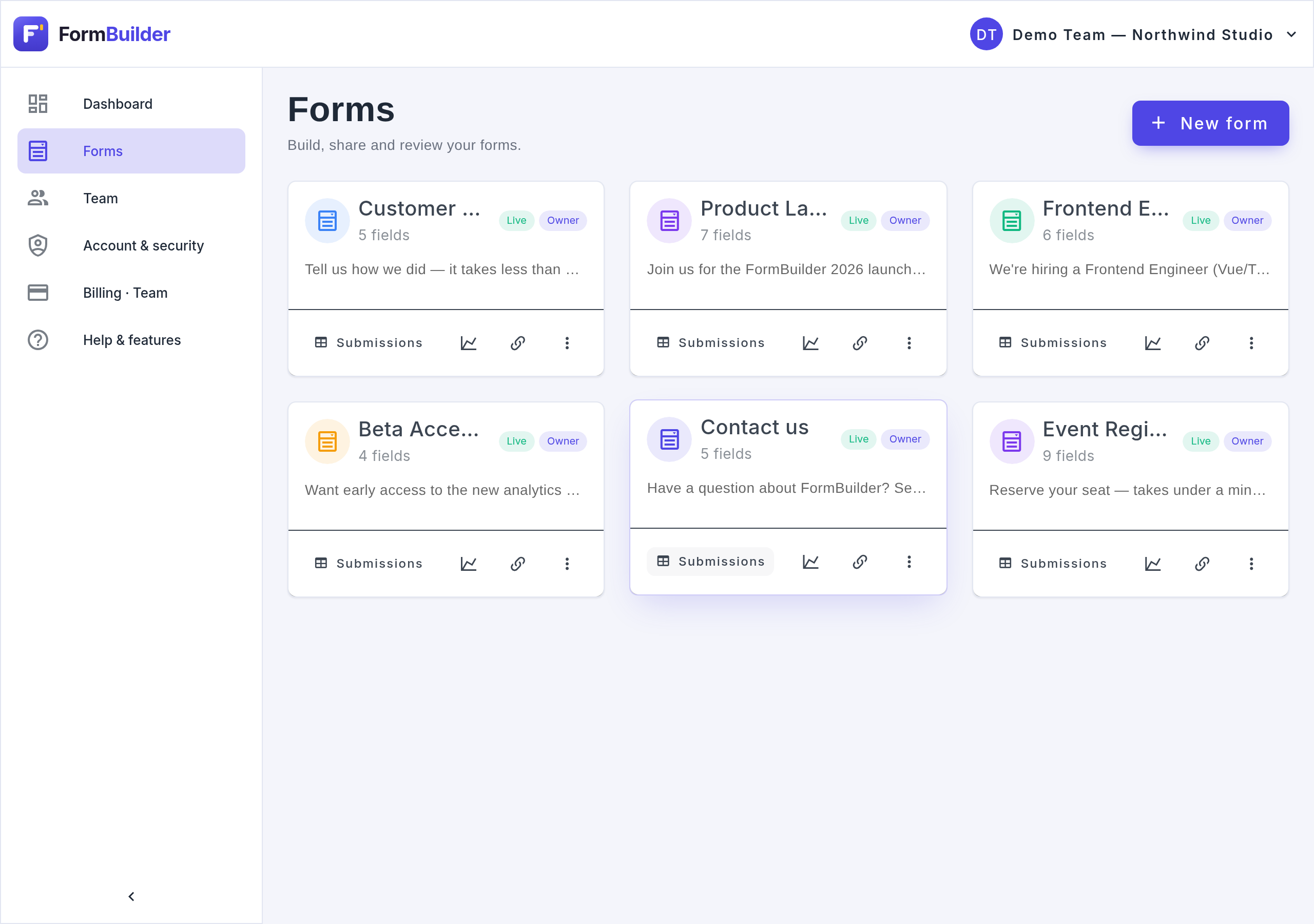 FormBuilder dashboard showing a list of forms